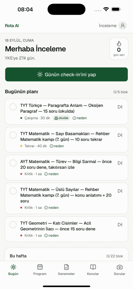 Rota AI Bugün ekranı: günün blokları ve check-in