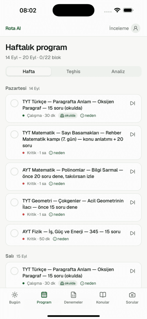 Haftalık program ekranı
