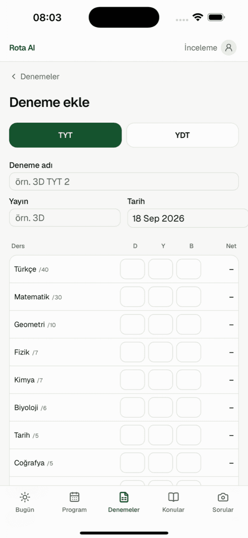 Deneme analizi ekranı